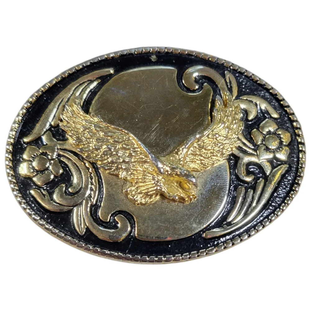 Soaring Eagle Belt Buckle Mens Western Floral Gold Tone Black Patriotic Vintage